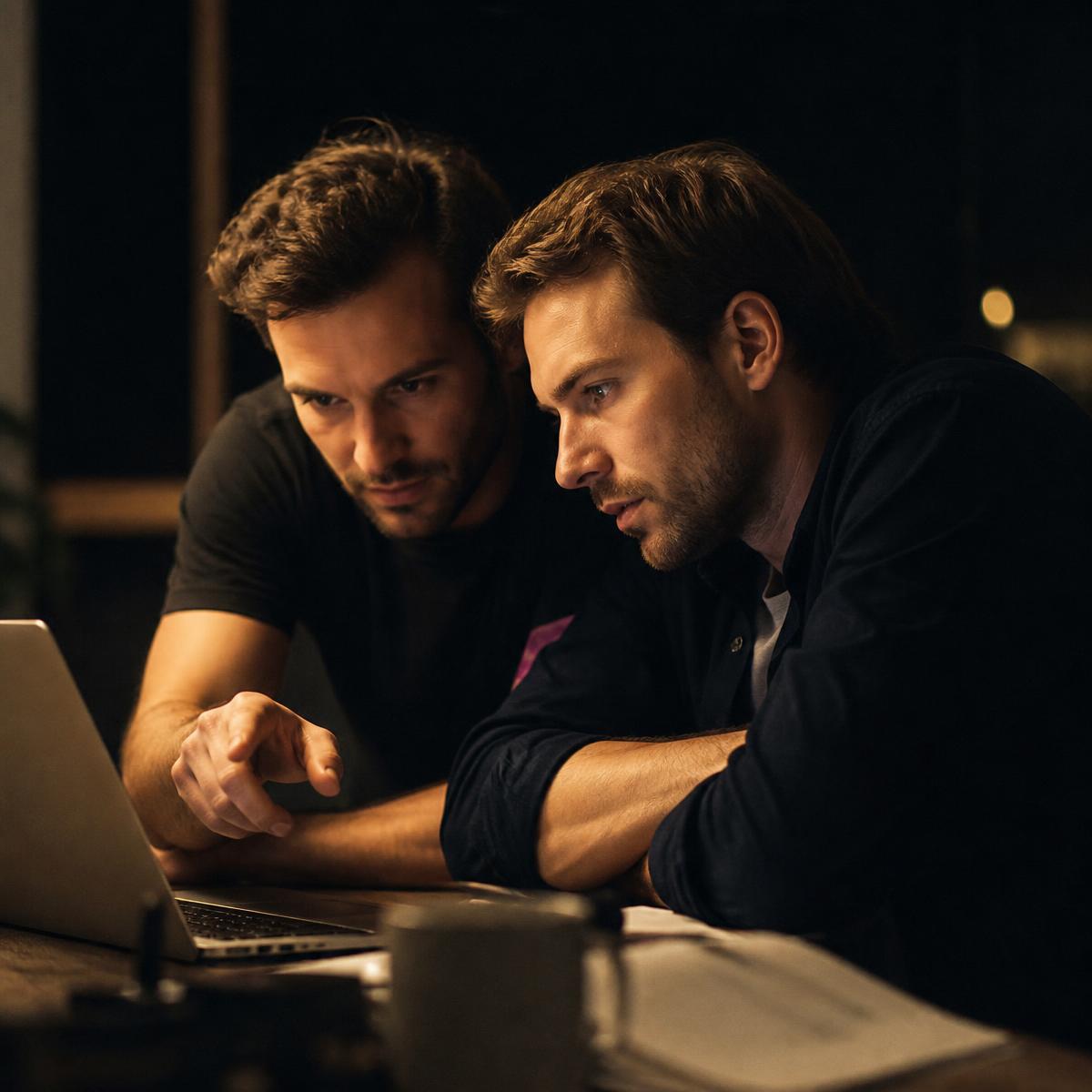 Two founders leaning over a laptop, working through a problem together