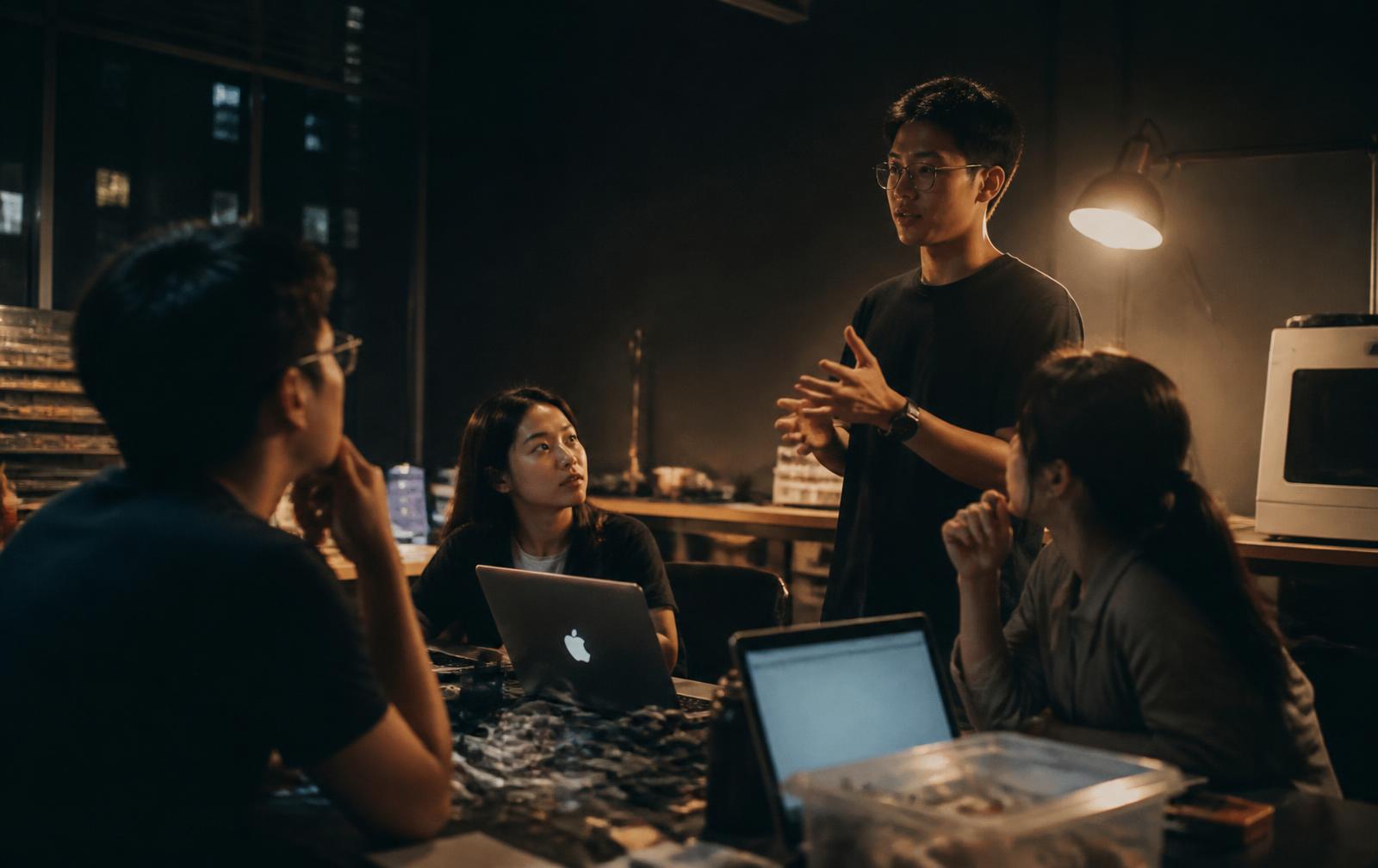 Founders gathered around laptops in a dim makerspace at night, one standing and talking